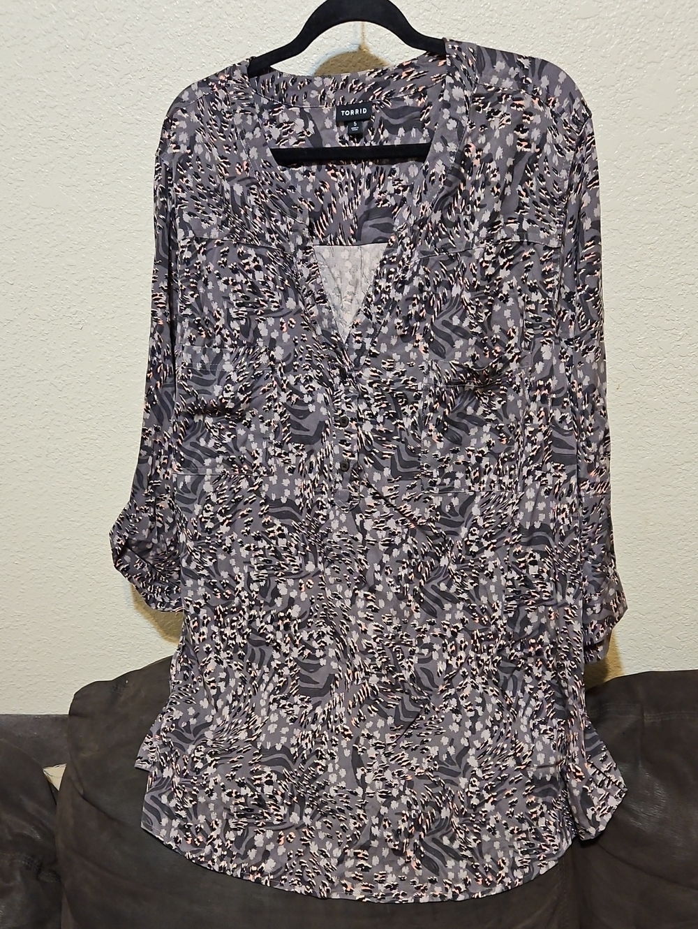 torrid Gray, Black and Pink Abstract V-Neck Blouse